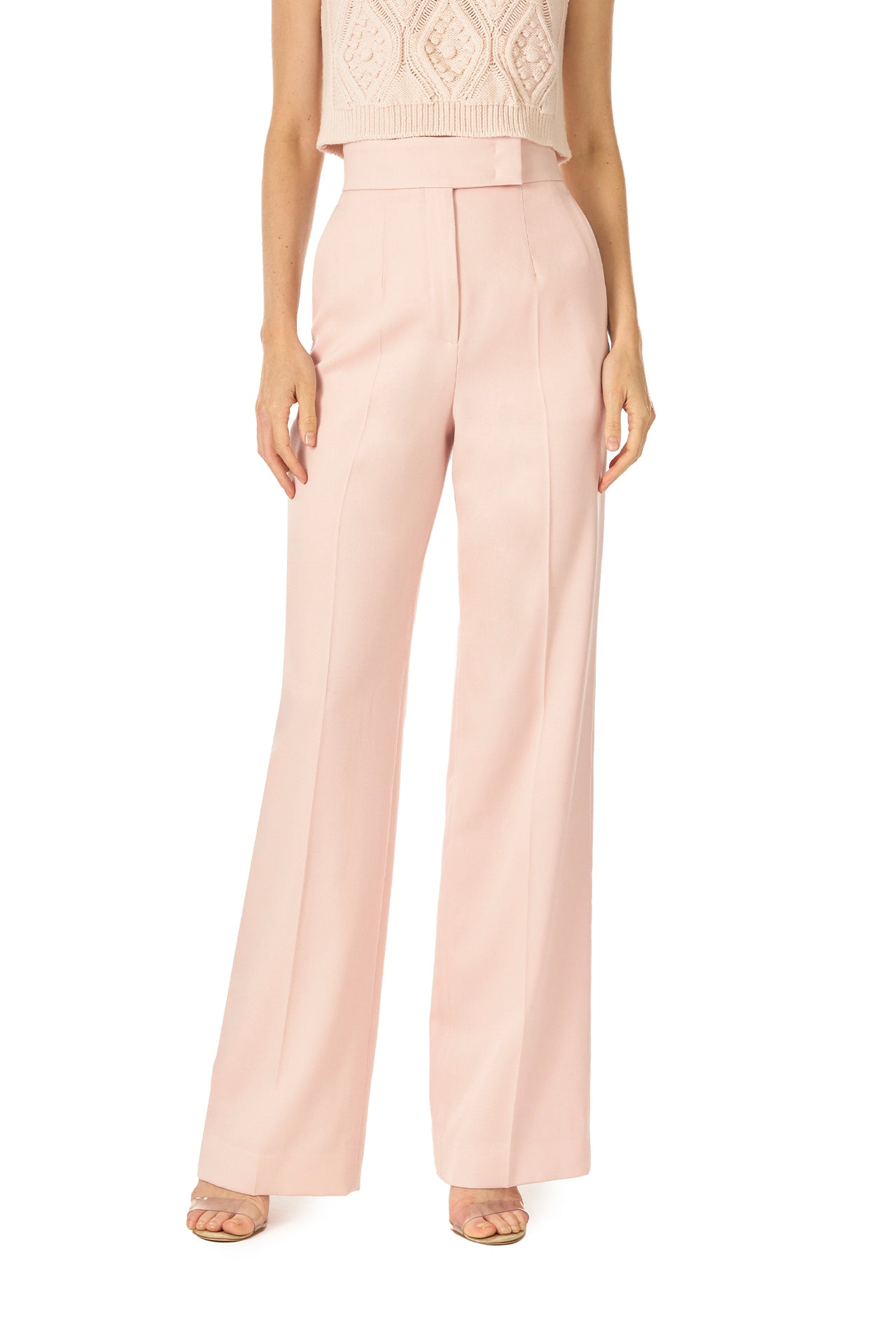 Monique Lhuillier Wool straight leg trouser with pockets in Pale Blush wool - front.