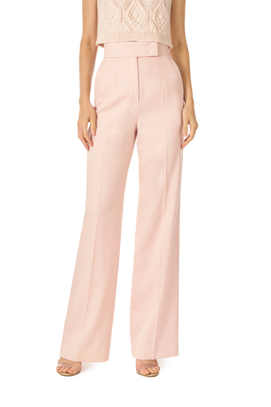 Monique Lhuillier Wool straight leg trouser with pockets in Pale Blush wool - front.