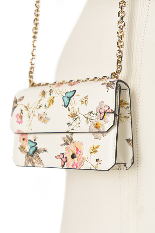 Tuileries printed mini leather shoulder bag with light gold-tone chain strap and three-dimensional laser cut butterflies- modeled