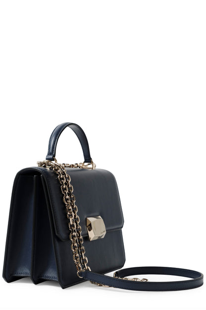 Nappa leather top handle shoulder bag with light gold-tone chain strap in Navy- side with chain strap