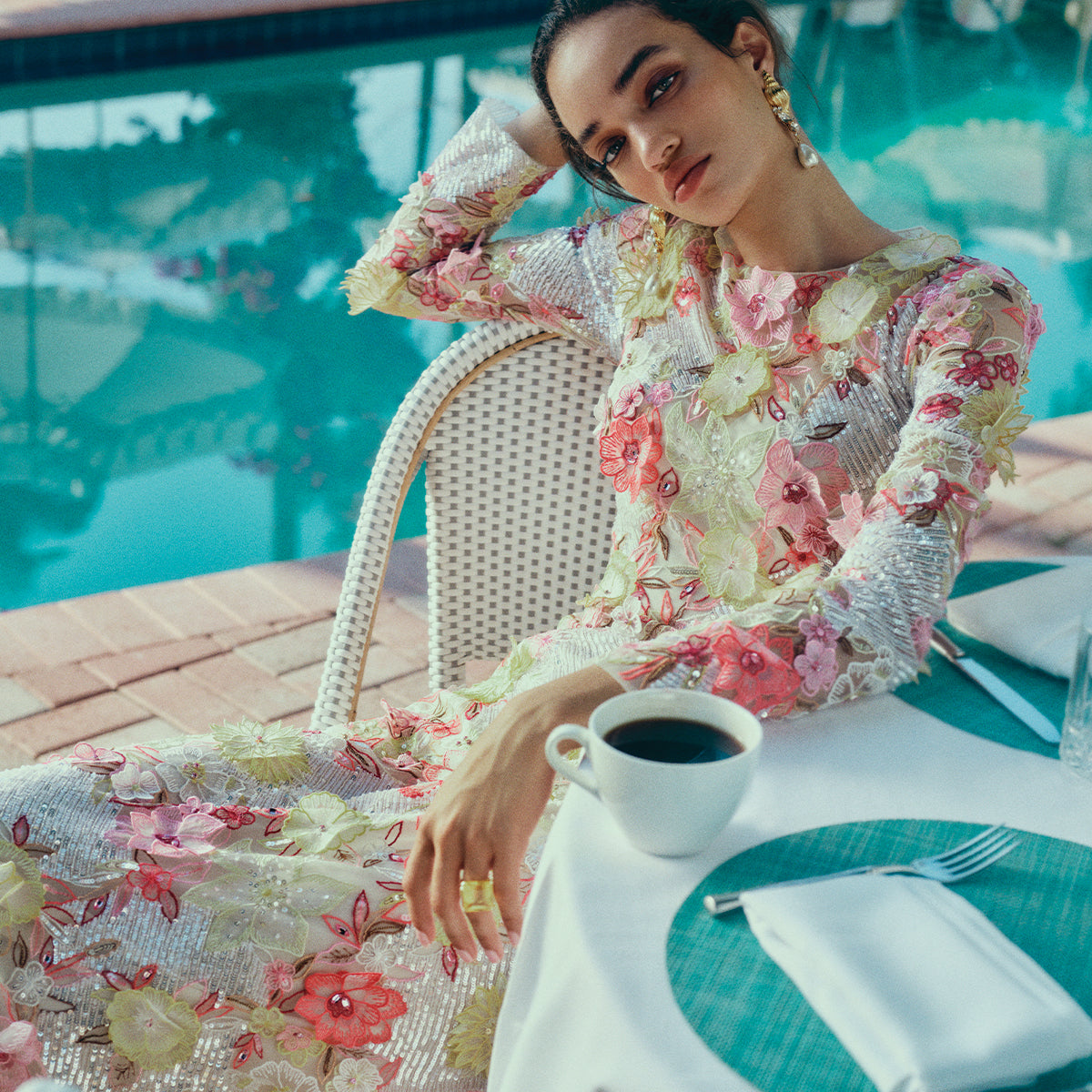 Embroidered long sleeve floral lace gown in ecru/multi colors.