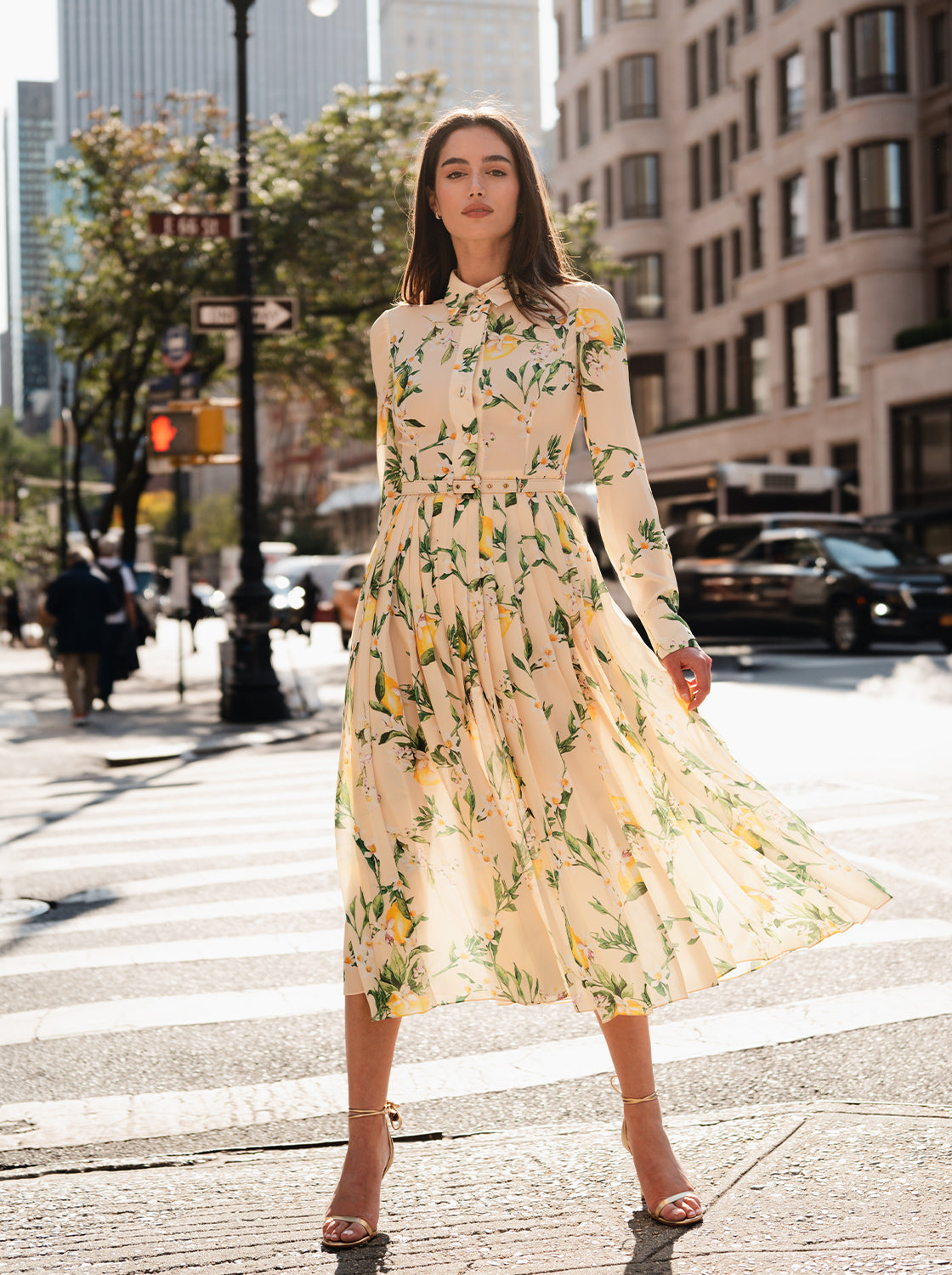 Monique Lhuillier Spring 2025 long sleeve dress with pleated skirt in lemon drop floral fabric on model in city.