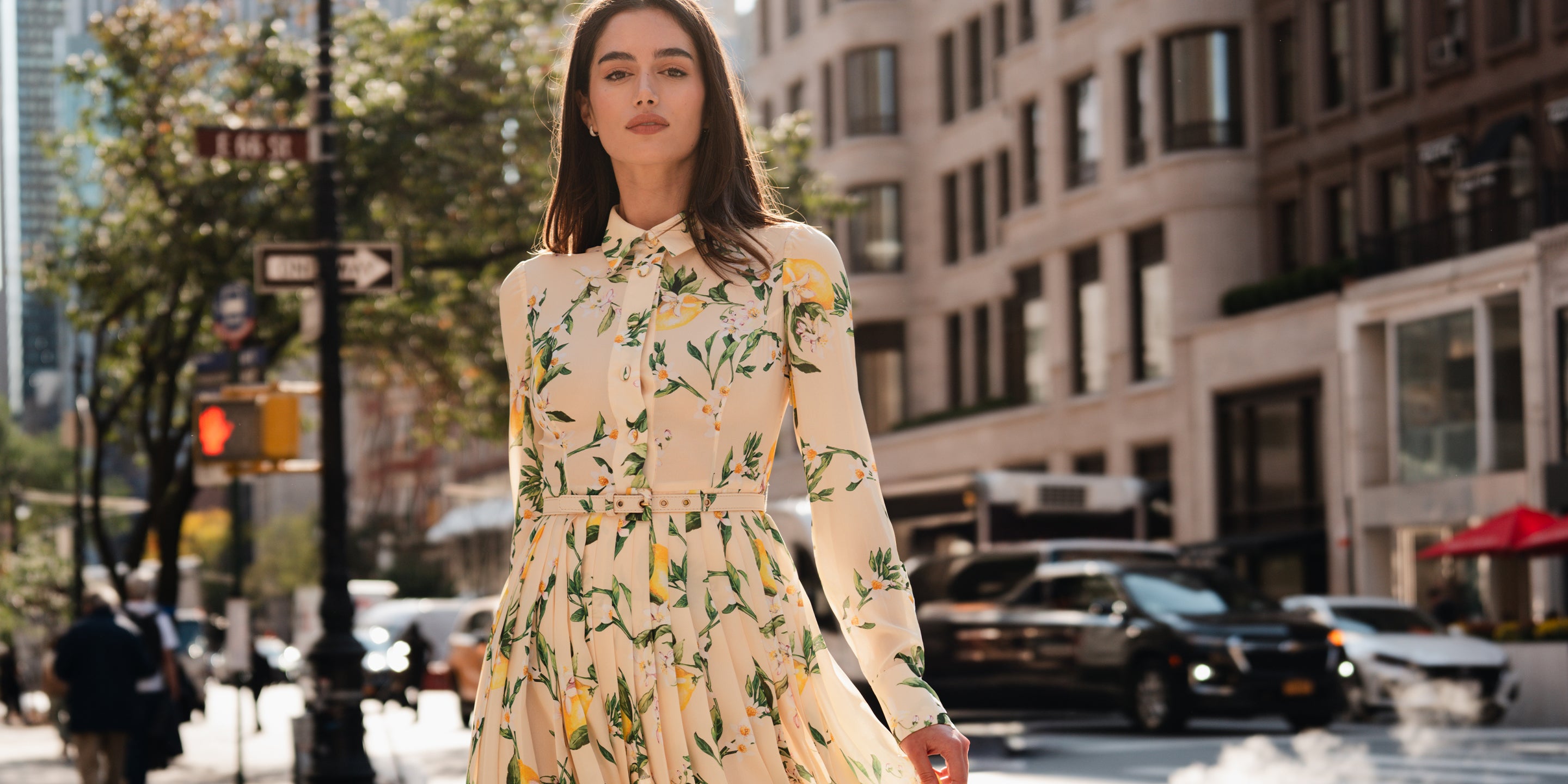 Monique Lhuillier Spring 2025 long sleeve dress with pleated skirt in lemon drop floral fabric on model in city.