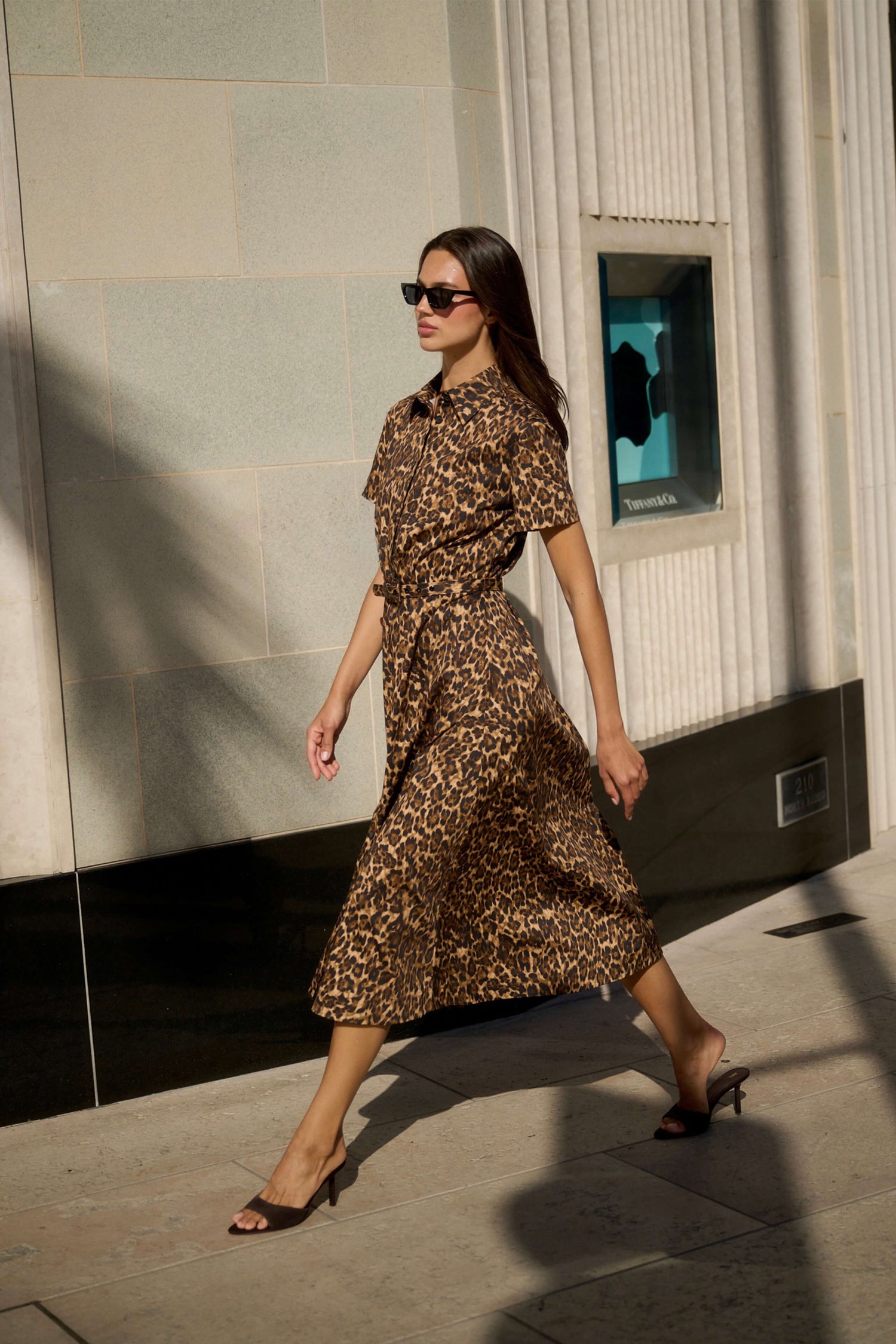 Monique Lhuillier Spring 2026 Leopard Printed Cotton Poplin short sleeve shirt
dress with belt - model walking outside on sidewalk.