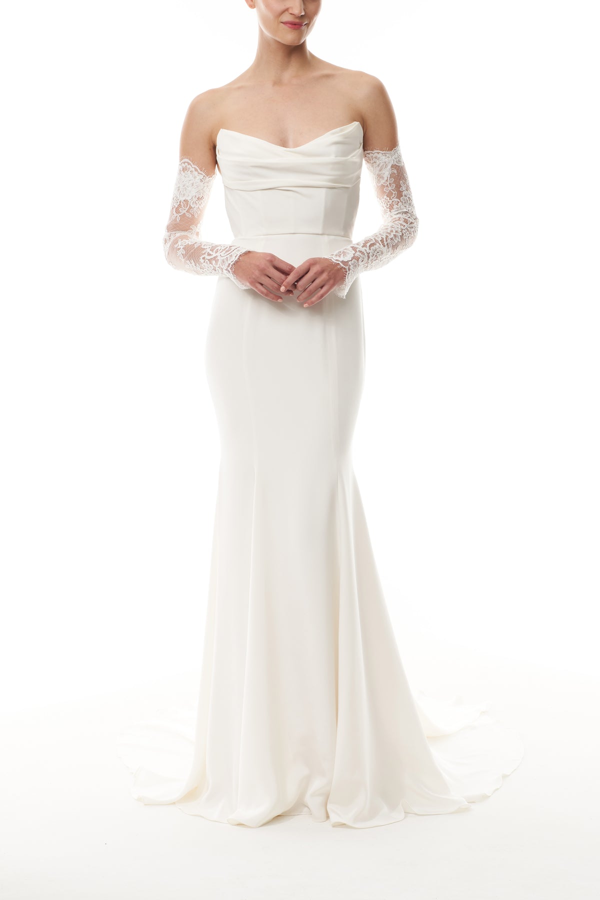 Long sleeve silk white lace sleeves shown with a strapless silk white satin gown - front.