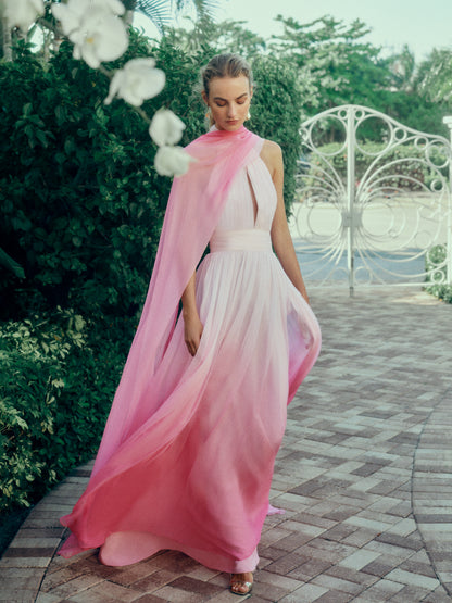 Monique Lhuillier Spring 2025 Hibiscu colored ombre chiffon gown with keyhole halter neckline and attached neck scarf - lookbook photo.