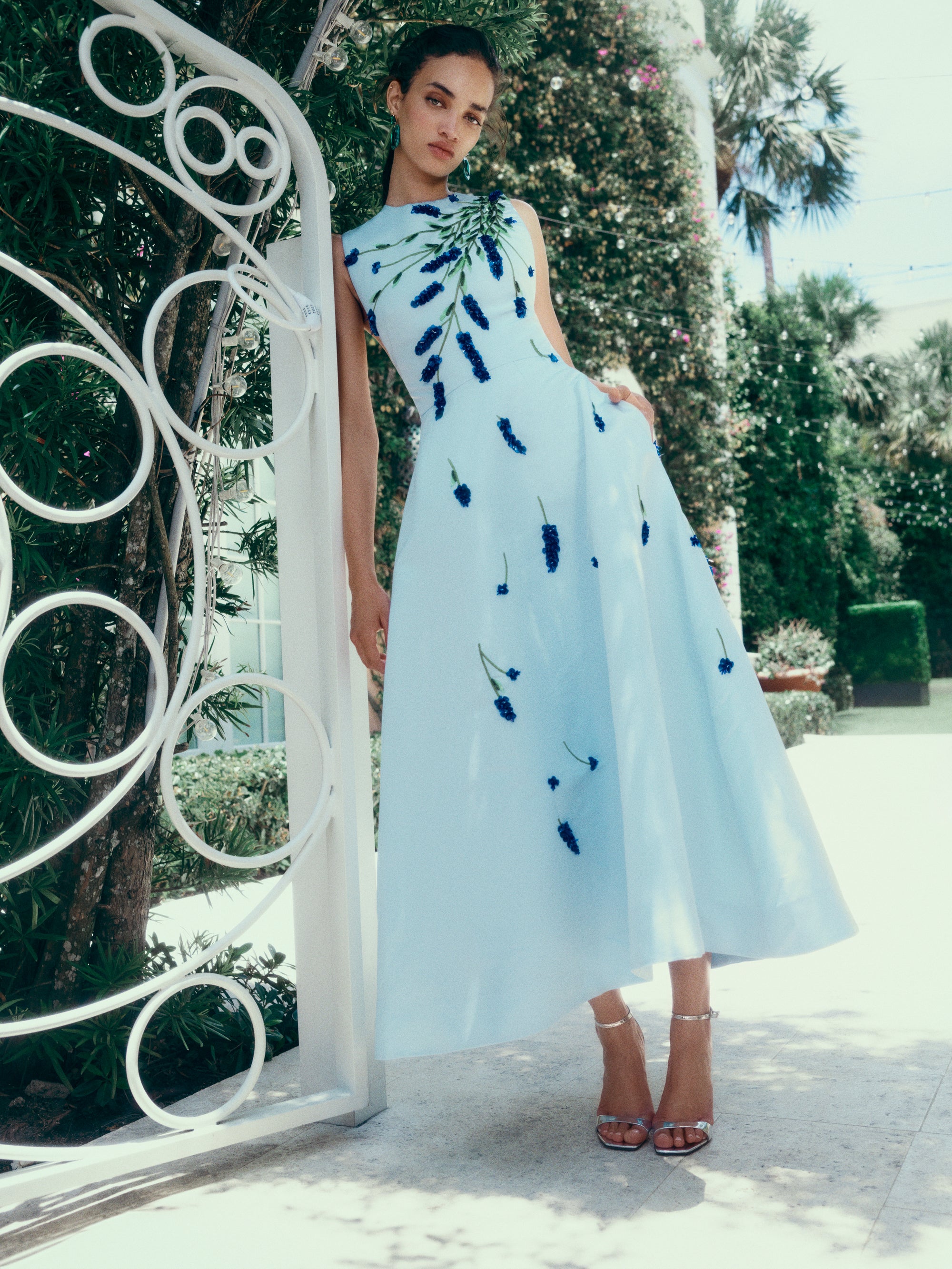 Lavender Embroidered Tea-Length Dress 0 / Powder Blue/Multi Lavender Embroidered Tea-Length Dress 0 / Powder Blue/Multi