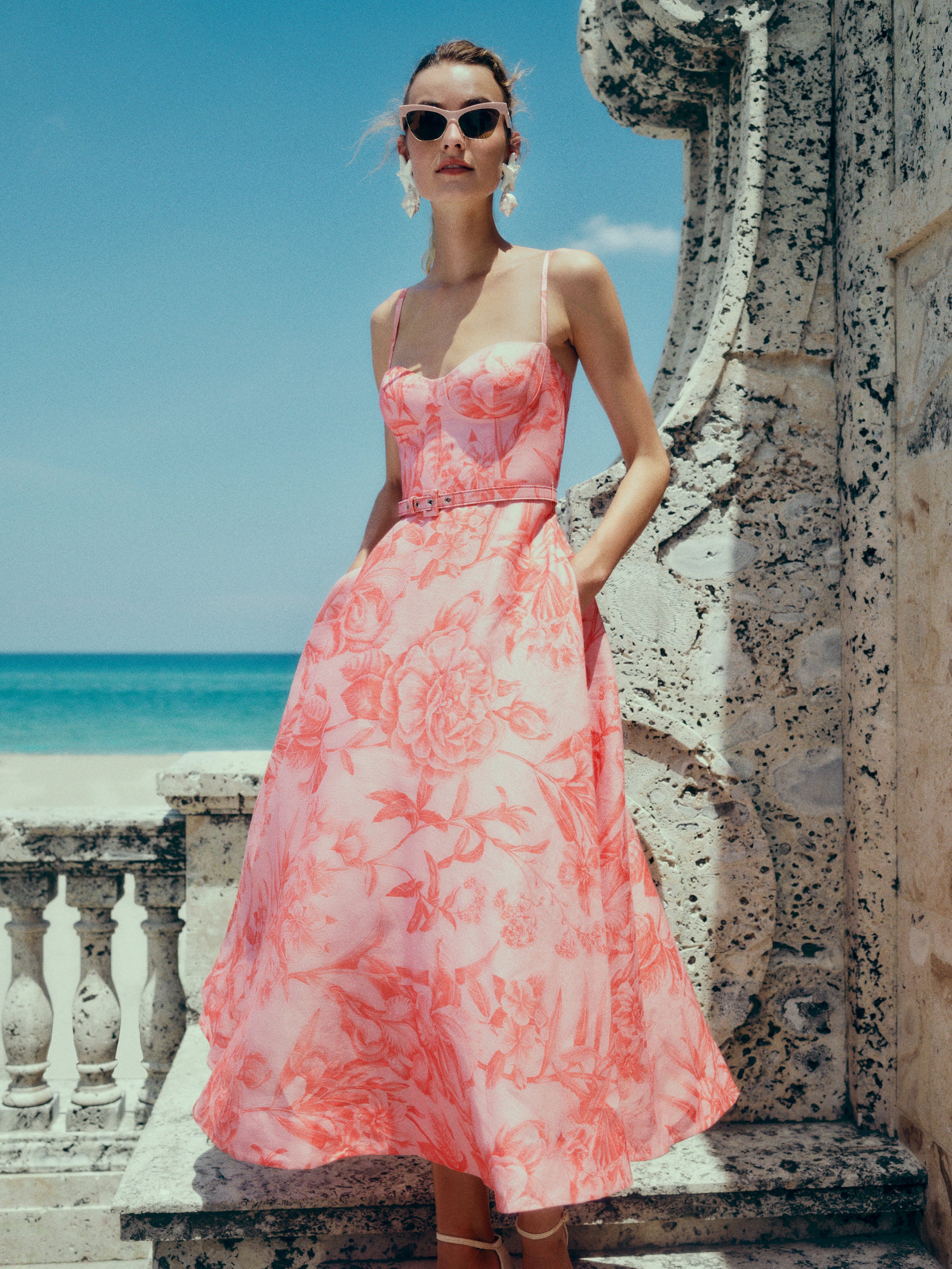 Floral Corseted A-line Dress 4 / Rosette/Coral Floral Corseted A-line Dress 4 / Rosette/Coral