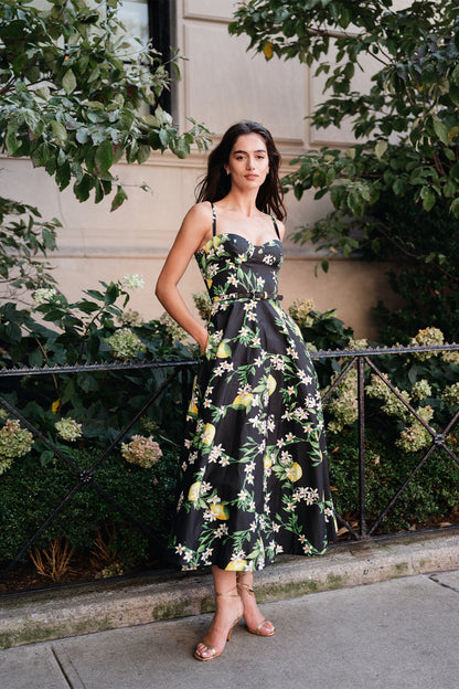 Monique Lhuillier Spring 2025 A-line midi dress with spaghetti straps, corseted bodice and pockets in Lemon printed cotton poplin - lookbook on model.