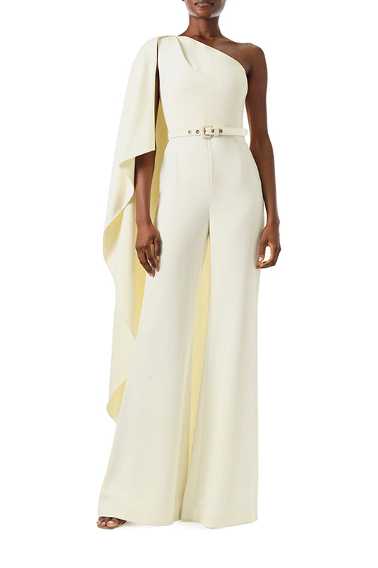 Monique Lhuillier Fall 2024 one shoulder draped jumpsuit with cascading sleeve and belt at waist - front.