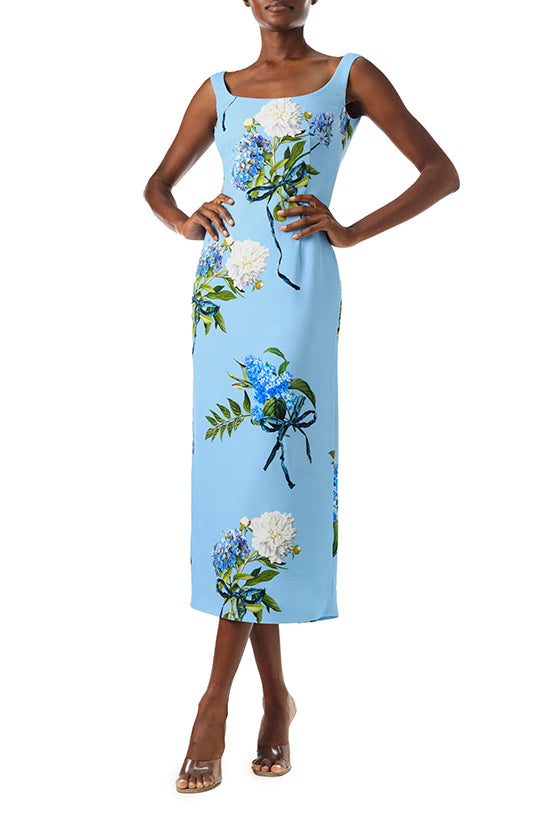 Monique Lhuillier Fall 2024 sleeveless, scoop neck midi dress in Sky Blue floral Hydrangea printed crepe - front two.
