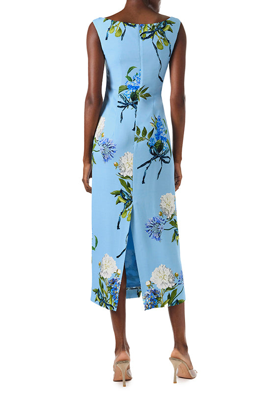 Monique Lhuillier Fall 2024 sleeveless, scoop neck midi dress in Sky Blue floral Hydrangea printed crepe - back.