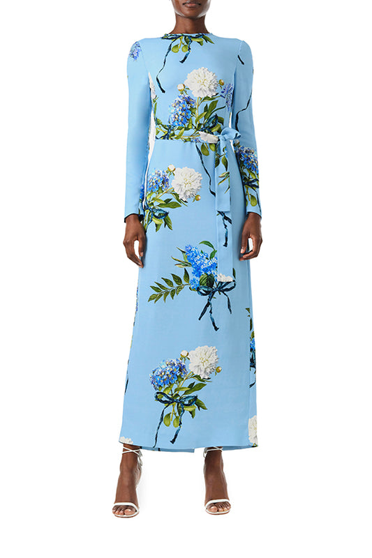 Monique Lhuillier Fall 2024 long sleeve, floral sheath dress with self-tie waist belt - front.