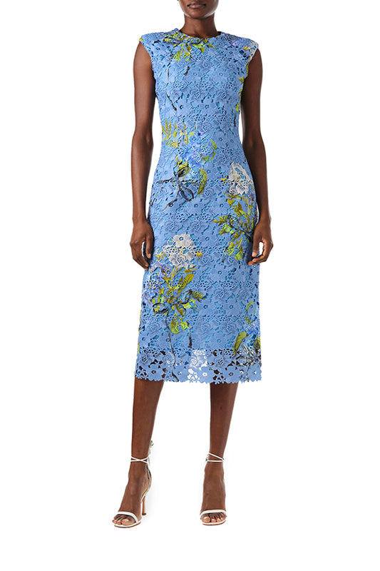 Monique Lhuillier Fall 2024 sleeveless, jewel neckline blue floral printed lace sheath - front.