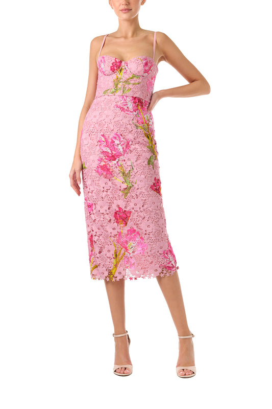 Monique Lhuillier Fall 2024 pink tulip printed lace midi dress with corseted bodice and spaghetti straps - front.
