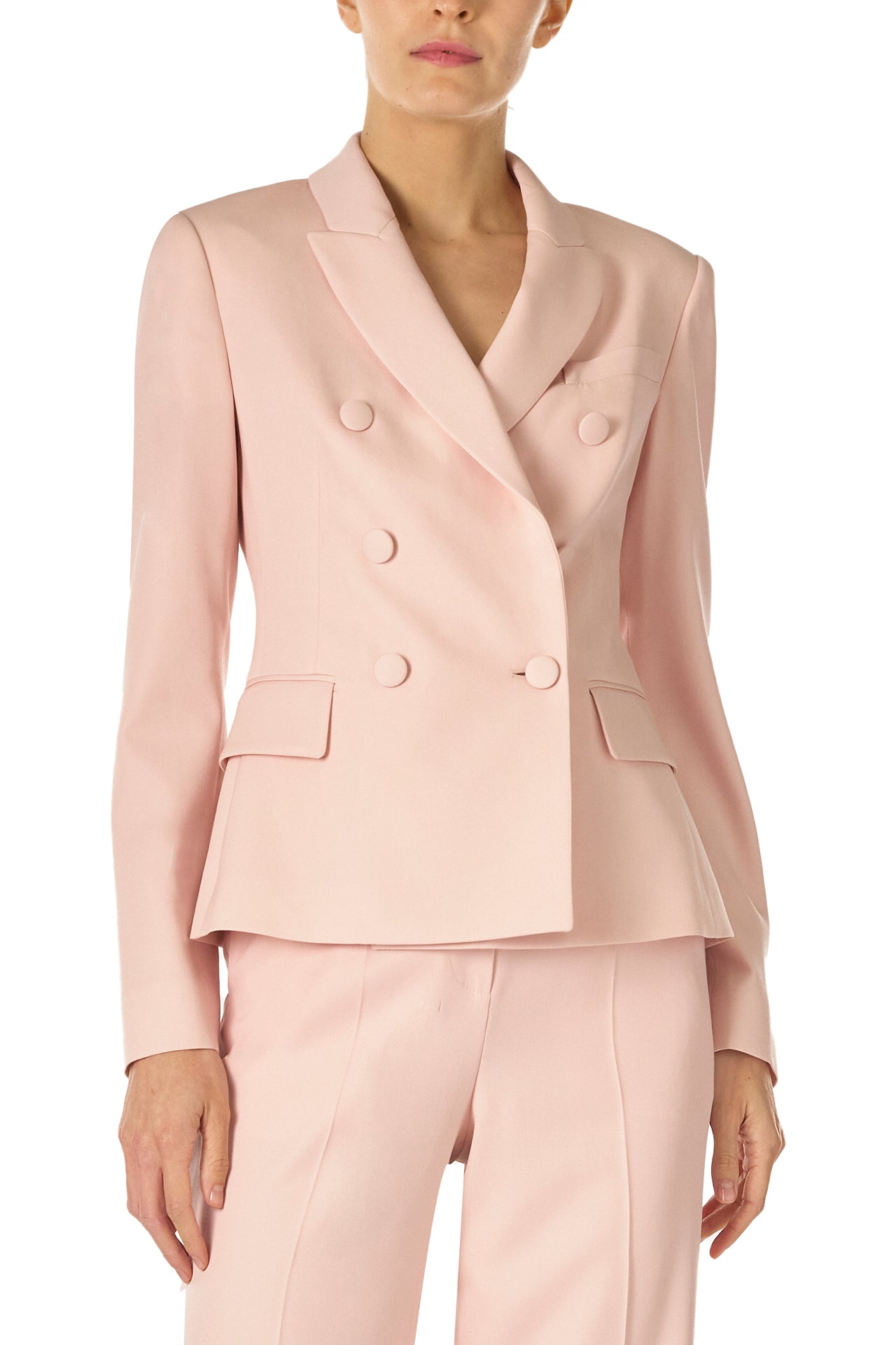 Monique Lhuillier Fall 2024 pale blush wool, double breasted wool blazer with full length sleeve - front cropped.