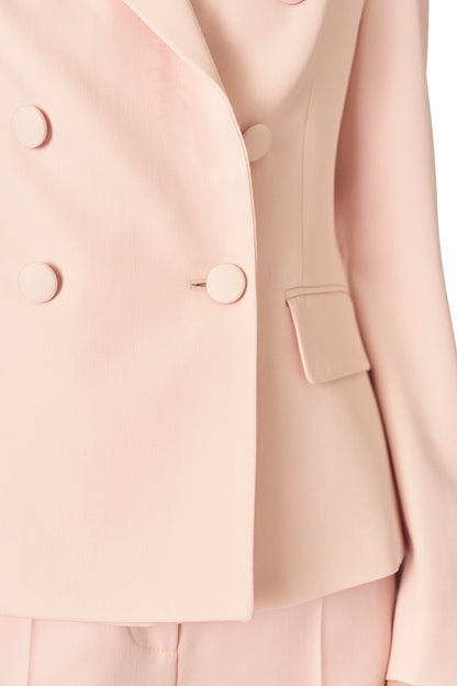 Monique Lhuillier Fall 2024 pale blush wool, double breasted wool blazer with full length sleeve - detail.