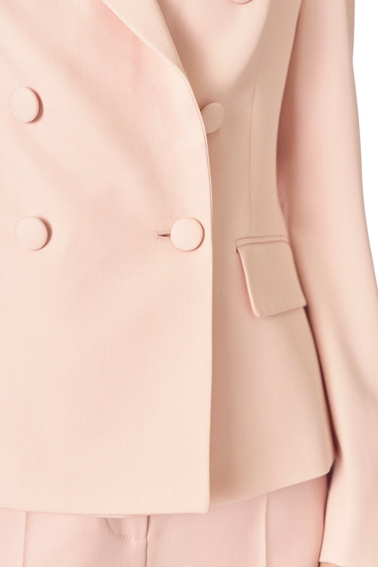 Monique Lhuillier Fall 2024 pale blush wool, double breasted wool blazer with full length sleeve - detail.