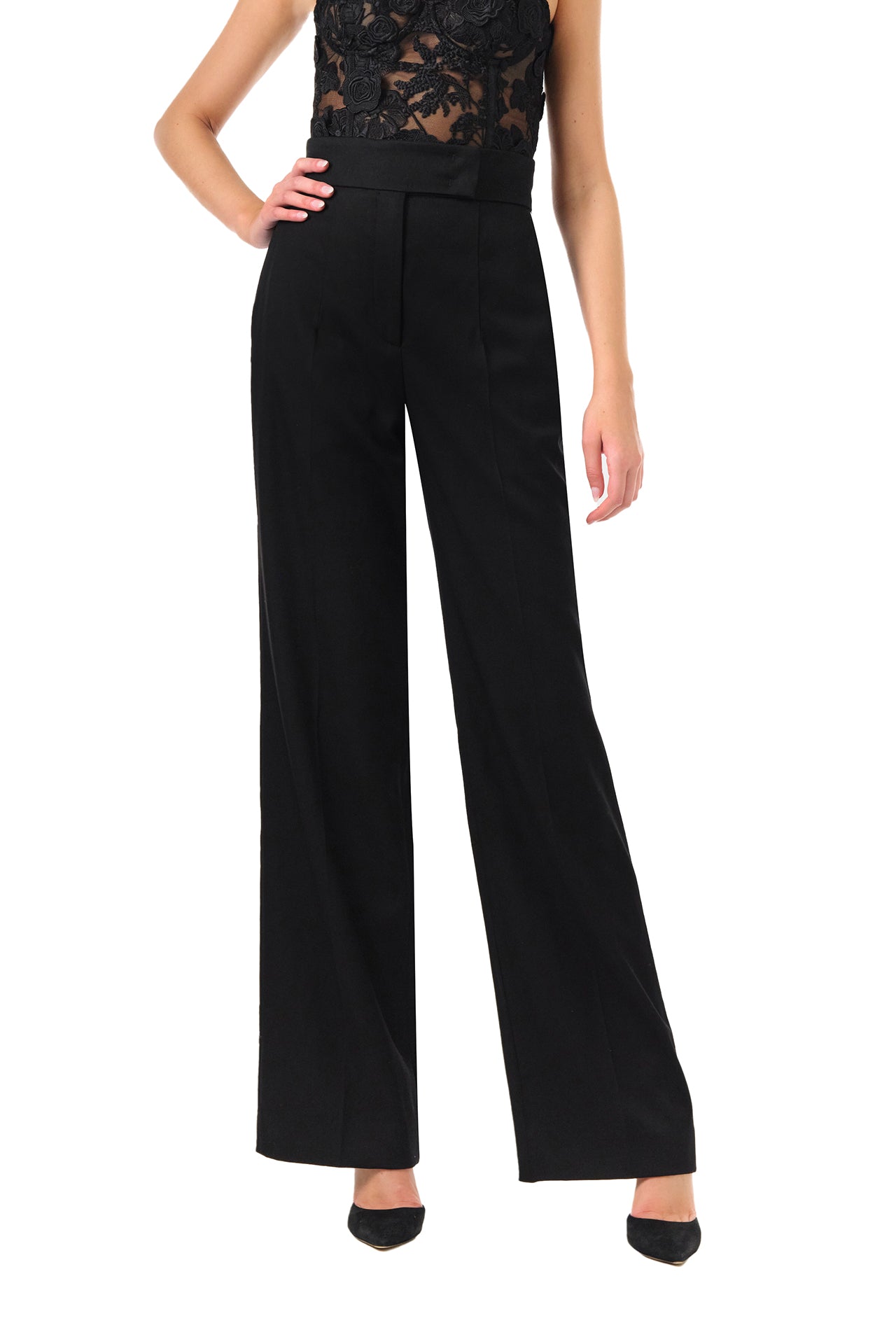 Monique Lhuillier Fall 2024 black wool straight leg trouser - front crop.