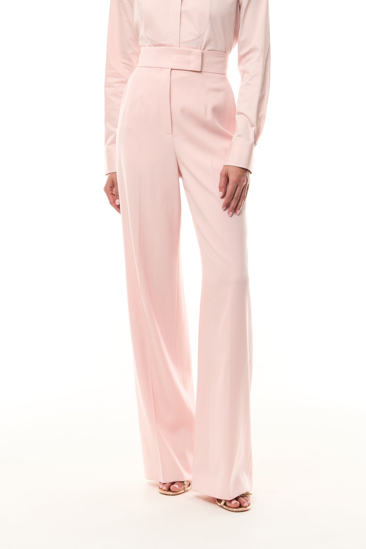 Monique Lhuillier Fall 2024 Pale Blush Cottin Poplin Tuxedo Blouse and Wool Suiting Straight leg trouser -front.