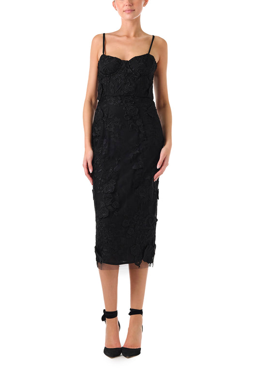Monique Lhuillier Fall 2024 spaghetti strap lace midi dress with corseted bodice in Noir 3D lace- front.
