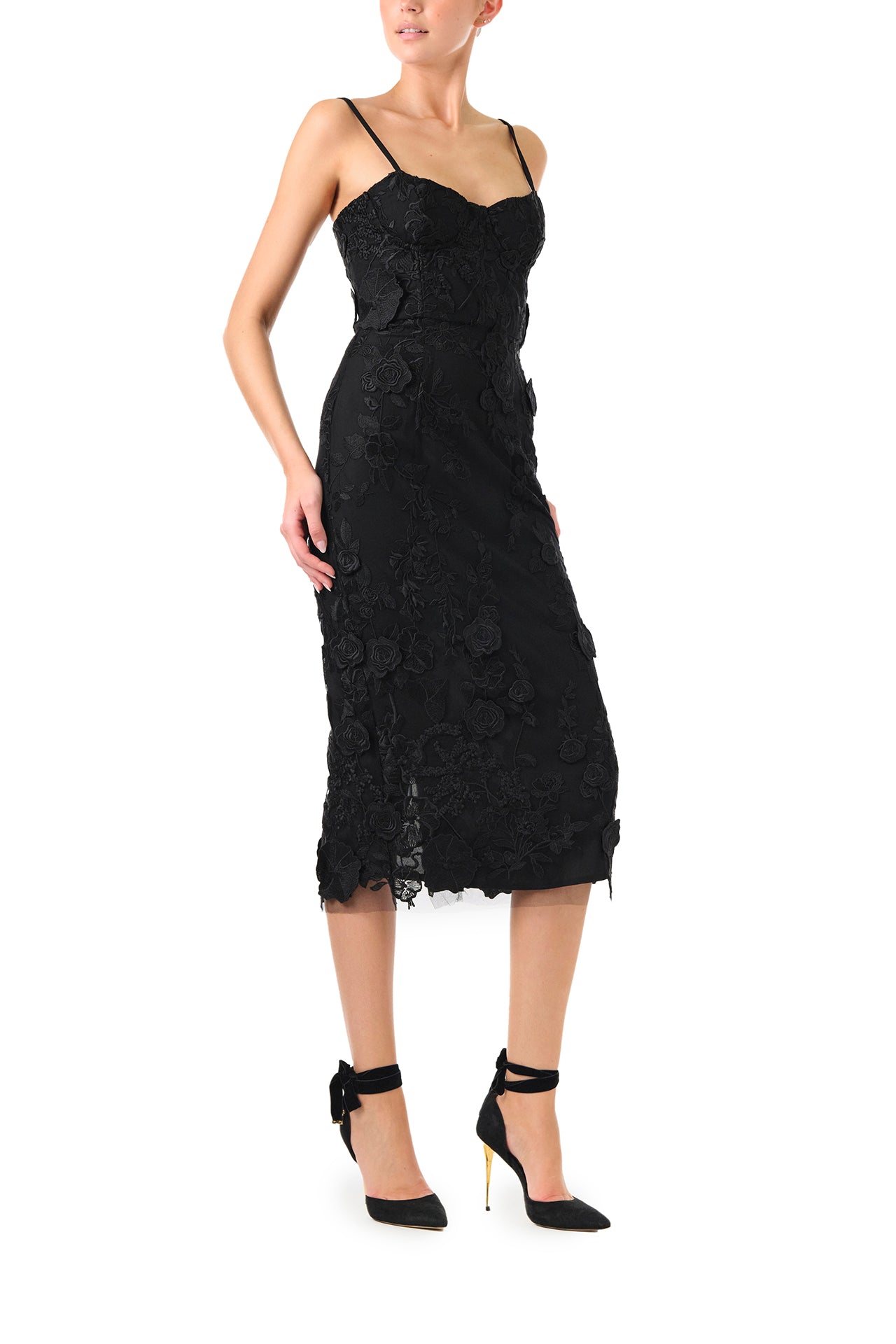 Monique Lhuillier Fall 2024 spaghetti strap lace midi dress with corseted bodice in Noir 3D lace- right side.