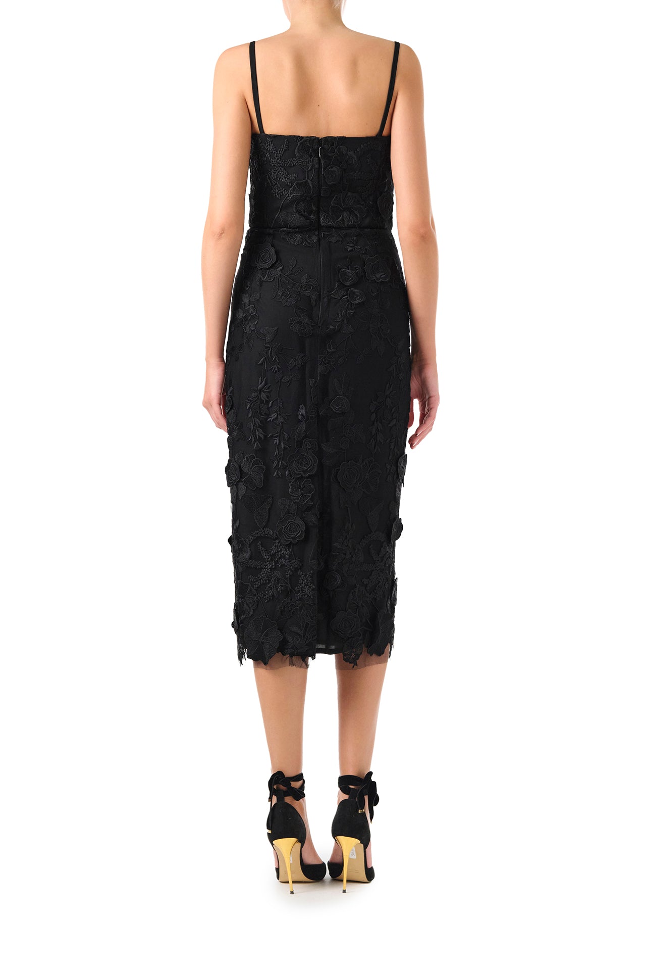Monique Lhuillier Fall 2024 spaghetti strap lace midi dress with corseted bodice in Noir 3D lace- back.