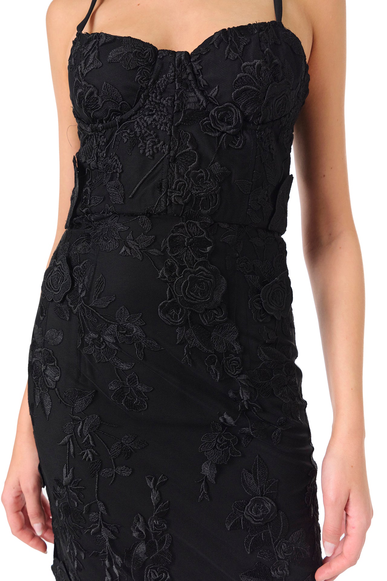 Monique Lhuillier Fall 2024 spaghetti strap lace midi dress with corseted bodice in Noir 3D lace- fabric.