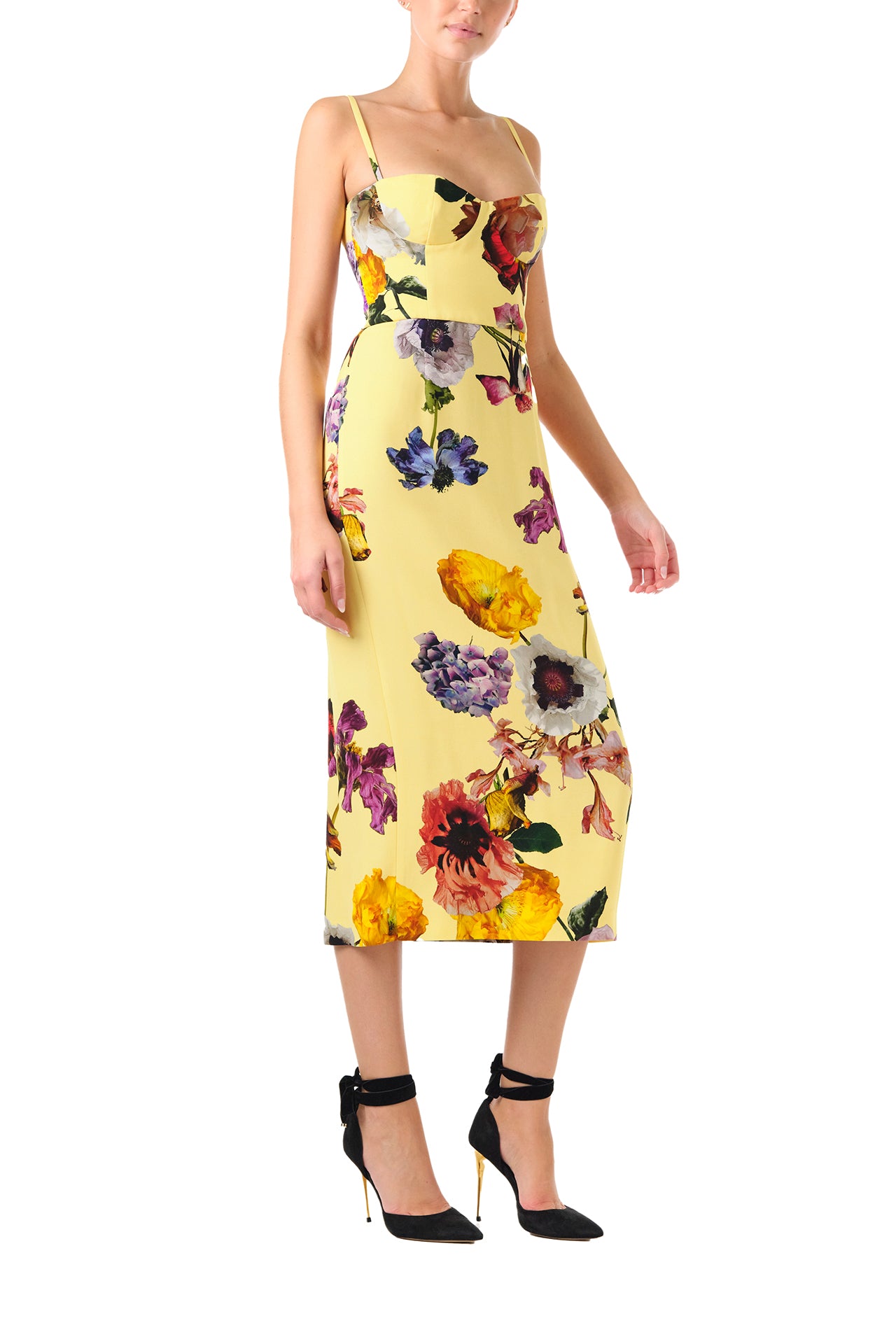 Monique Lhuillier Fall 2024 Spaghetti strap midi dress with corseted bodice in Soleil/Multi floral printed crepe - side.