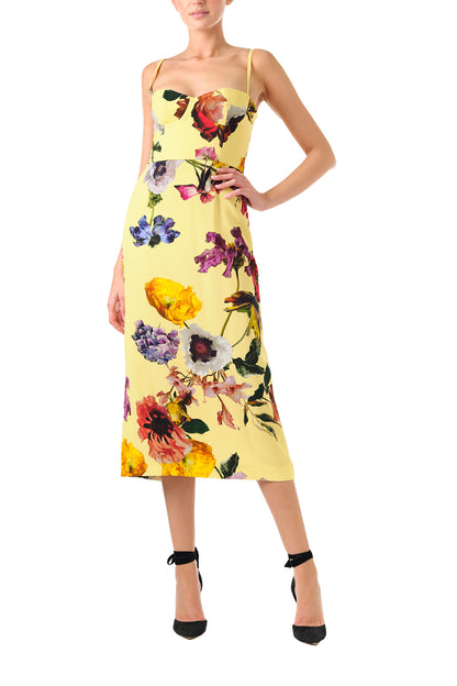 Monique Lhuillier Fall 2024 Spaghetti strap midi dress with corseted bodice in Soleil/Multi floral printed crepe - front.