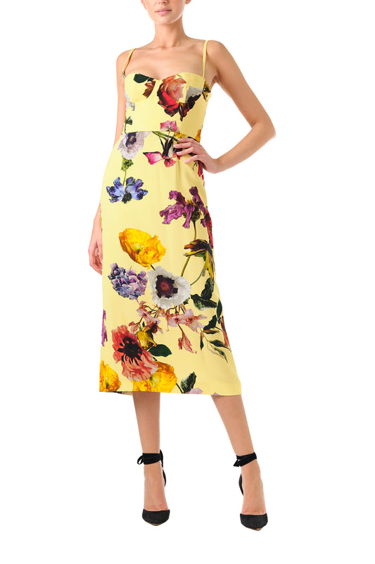 Monique Lhuillier Fall 2024 Spaghetti strap midi dress with corseted bodice in Soleil/Multi floral printed crepe - front.