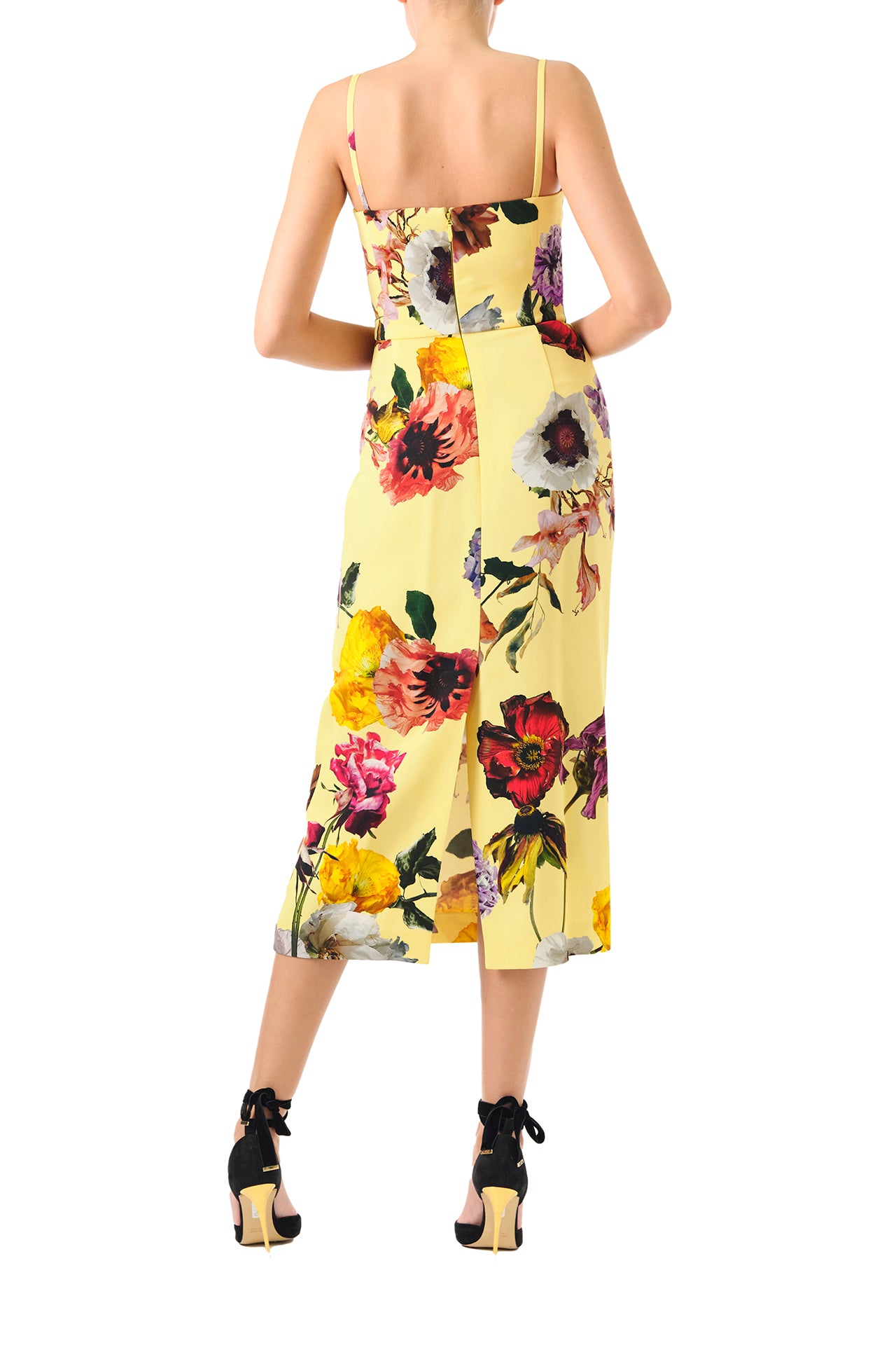 Monique Lhuillier Fall 2024 Spaghetti strap midi dress with corseted bodice in Soleil/Multi floral printed crepe - back.