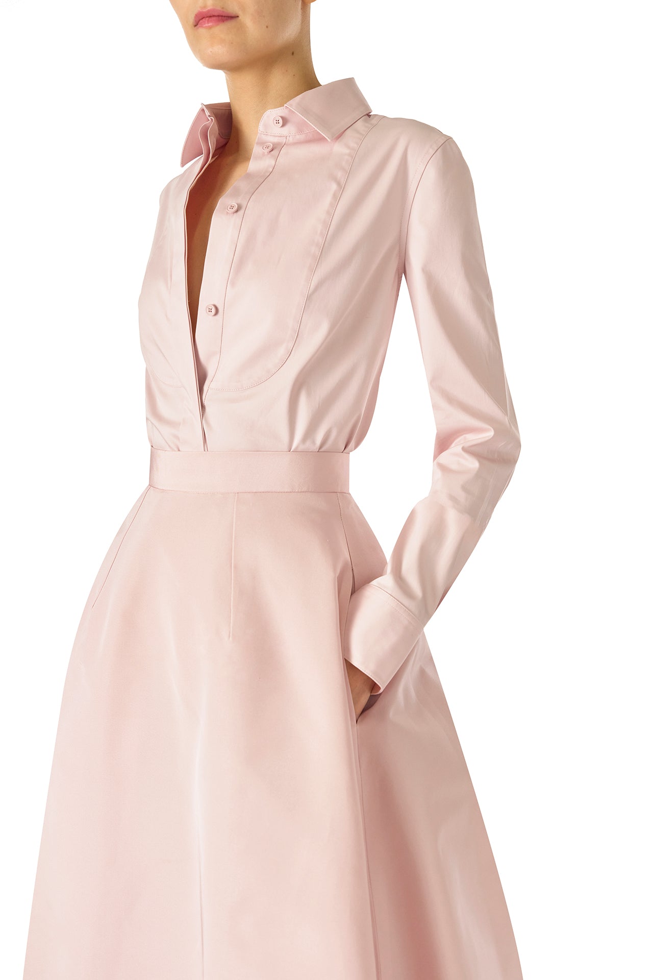 Monique Lhuillier Fall 2024 Full ball skirt with high leg slit and pockets in Pale Blush faille fabric - pockets.