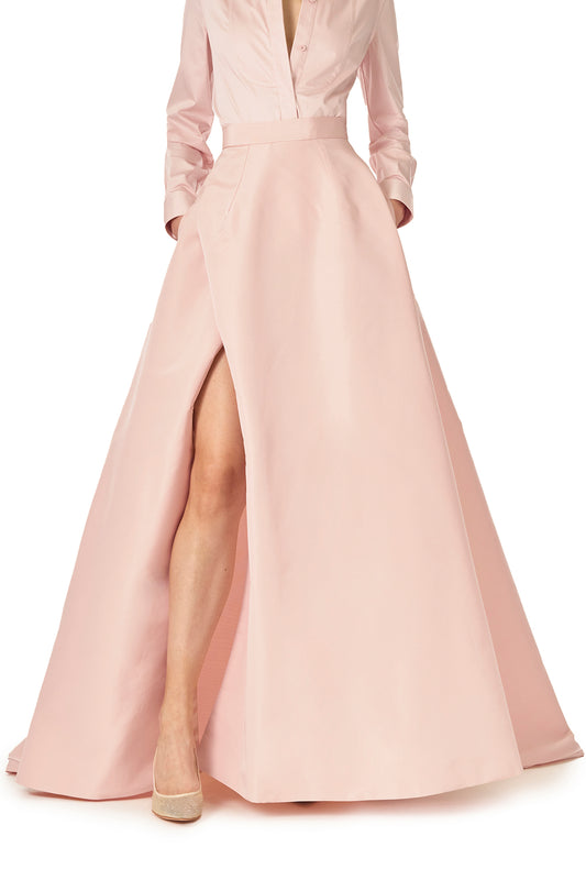 Monique Lhuillier Fall 2024 Full ball skirt with high leg slit and pockets in Pale Blush faille fabric - front crop.