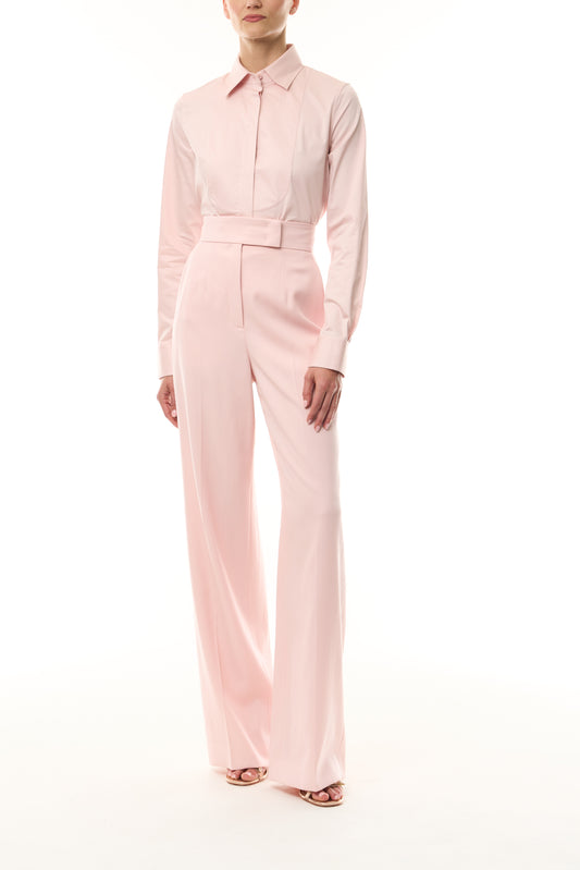 Monique Lhuillier Fall 2024 Pale Blush Cottin Poplin Tuxedo Blouse and Wool Suiting Straight leg trouser - front. 
