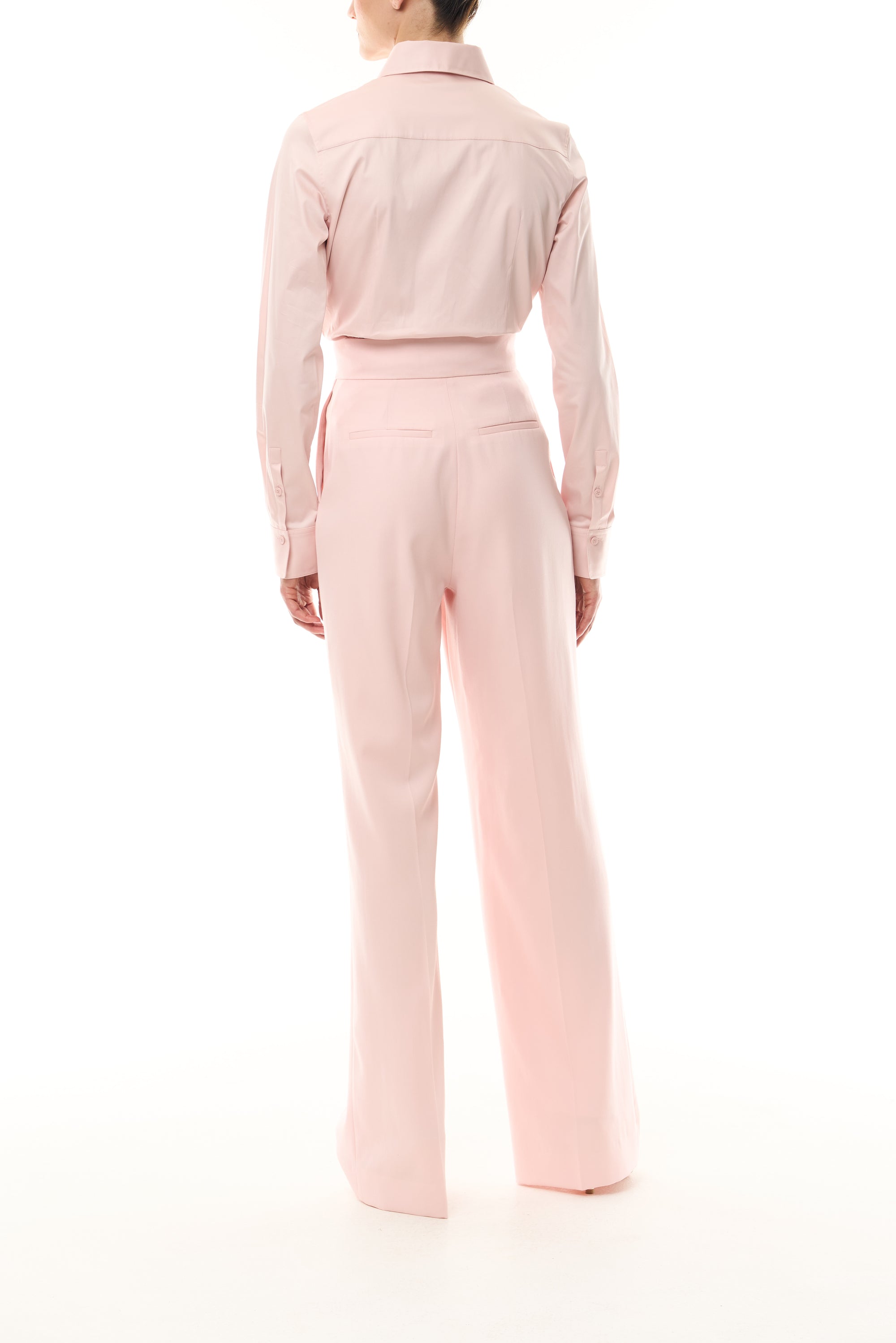 Monique Lhuillier Fall 2024 Pale Blush Cottin Poplin Tuxedo Blouse and Wool Suiting Straight leg trouser - back.