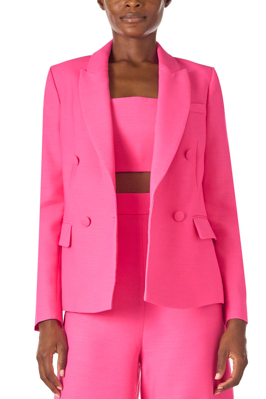 Monique Lhuillier Spring 2025 double-breasted tuxedo jacket in hibiscus wool-silk suiting - front.