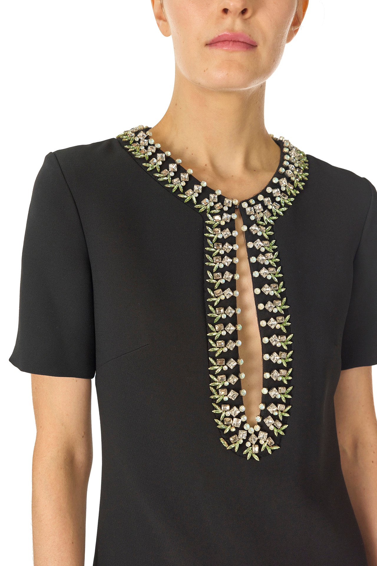 Monique Lhuillier Spring 2025 Short sleeve caftan with jeweled neckline in Noir Wool/Silk Suiting - embroidery.