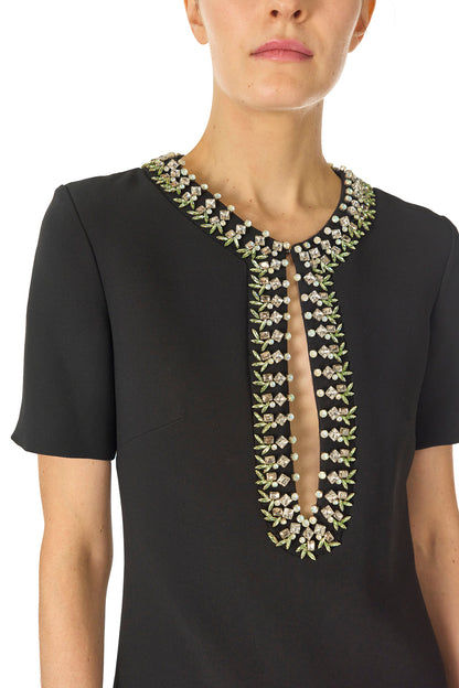 Monique Lhuillier Spring 2025 Short sleeve caftan with jeweled neckline in Noir Wool/Silk Suiting - embroidery.