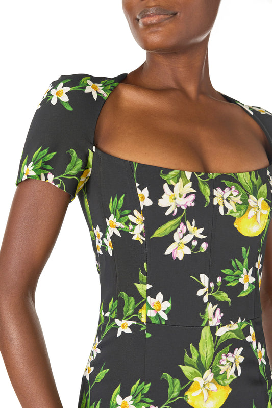 Monique Lhuillier Spring 2025 Short sleeve, corseted sheath dress in Noir and Lemon printed crepe - fabric.