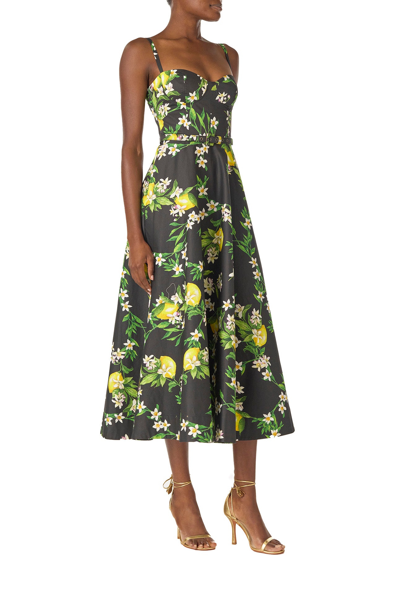 Monique Lhuillier Spring 2025 A-line midi dress with spaghetti straps, corseted bodice and pockets in Lemon printed cotton poplin - right side.