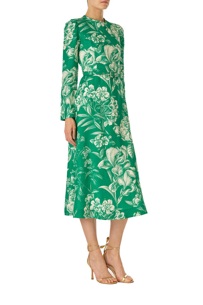 Monique Lhuillier Spring 2025 Floral toile printed linen long sleeve day dress with jewel neckline and circular skirt in grass silk white color - right side.