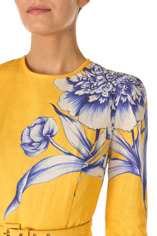 Monique Lhuillier Spring 2025 Floral printed linen long sleeve day dress with jewel neckline and circular skirt in yellow sunflower print - fabric.