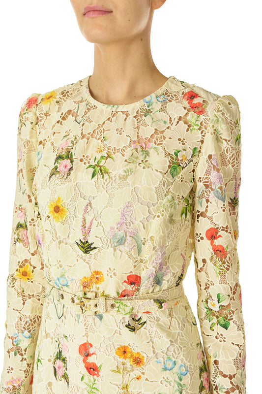 Monique Lhuillier Spring 2025 Long sleeve midi dress with jewel neckline and self-fabric belt at waist in Limoncello /Multi floral lace - neckline.