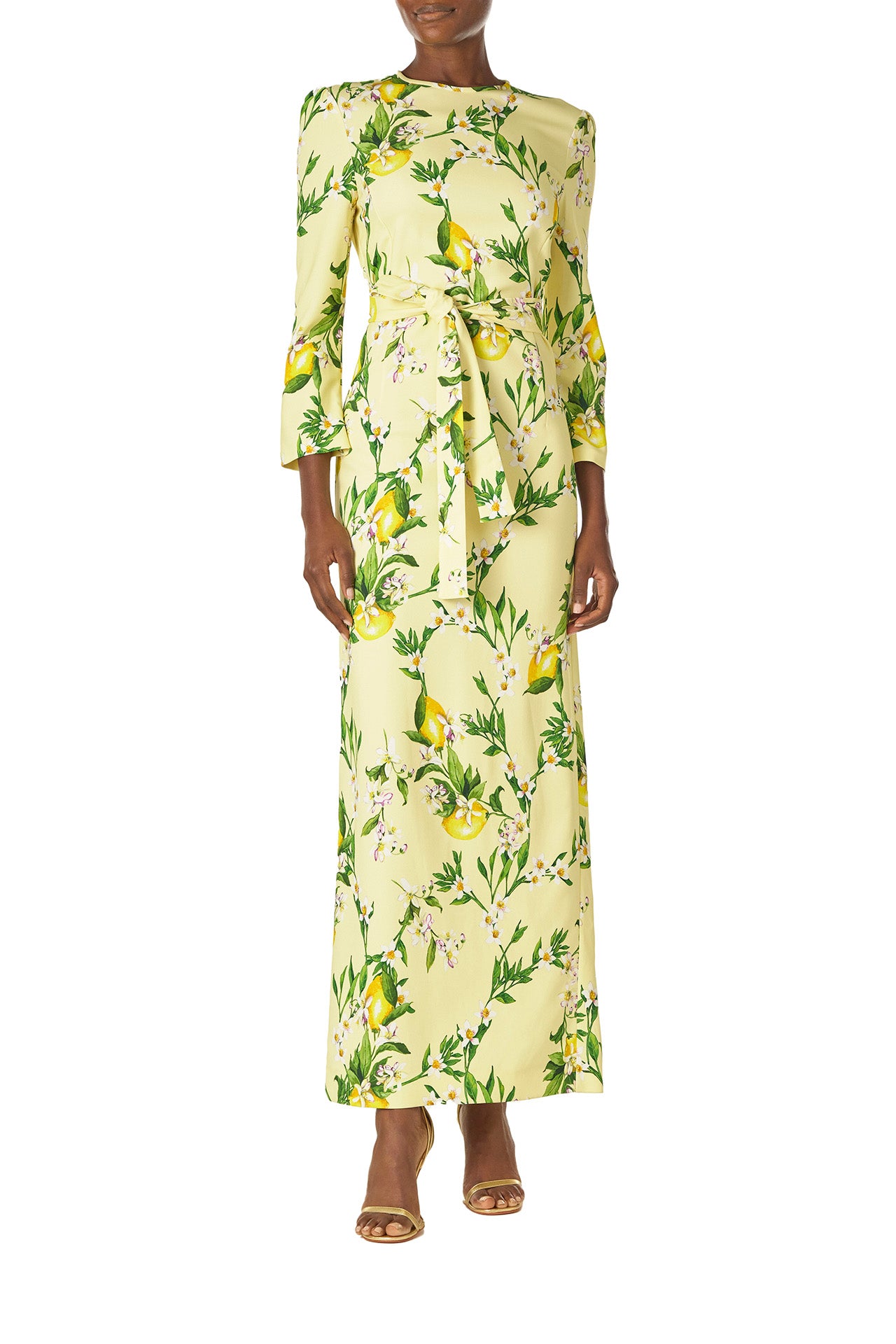 Monique Lhuillier Spring 2025 Lemon printed crepe sheath dress with jewel neckline, self-tie sash and bracelet-length long sleeves - front.