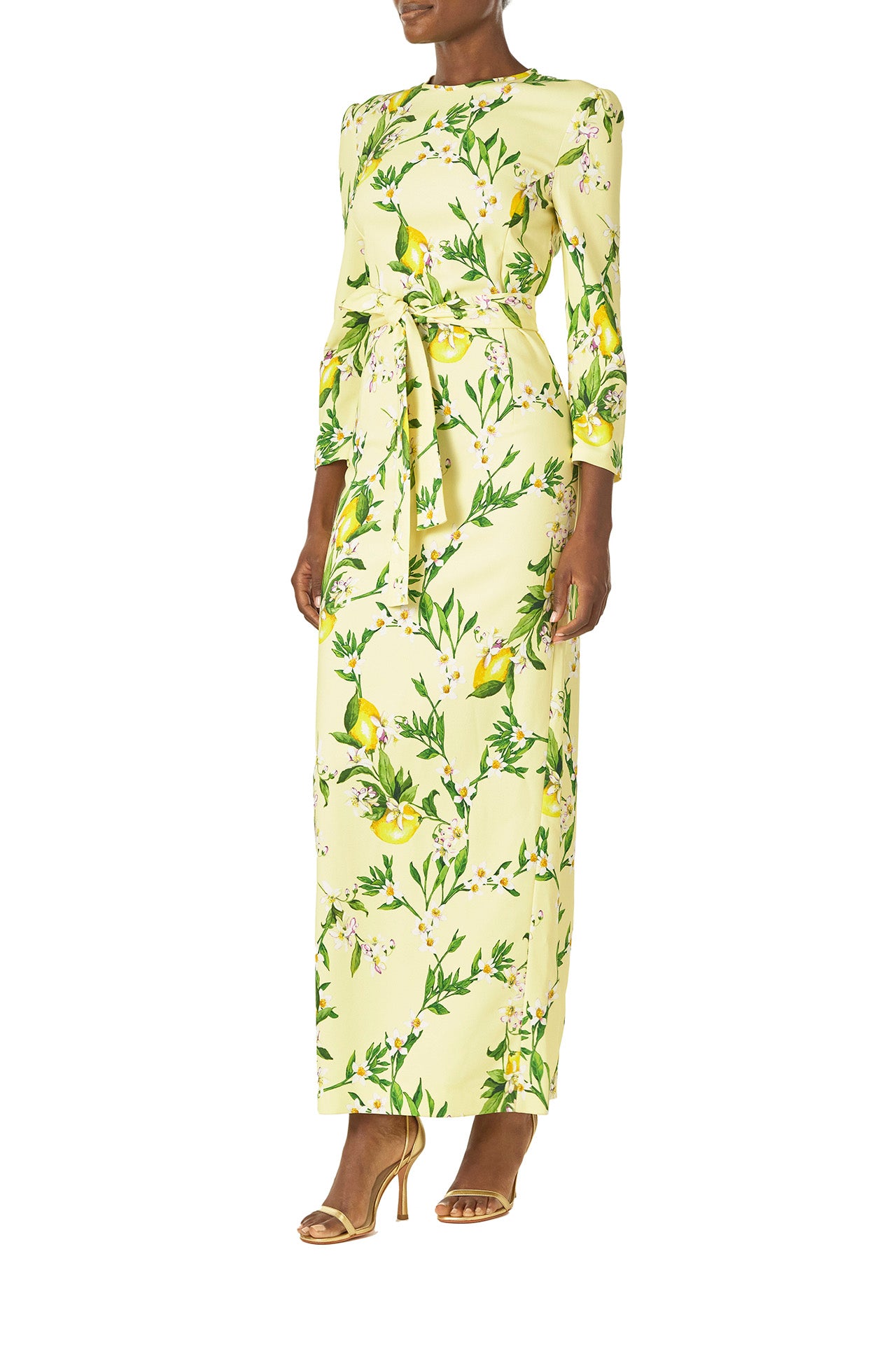 Monique Lhuillier Spring 2025 Lemon printed crepe sheath dress with jewel neckline, self-tie sash and bracelet-length long sleeves - side.