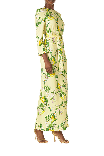 Monique Lhuillier Spring 2025 Lemon printed crepe sheath dress with jewel neckline, self-tie sash and bracelet-length long sleeves - right side.