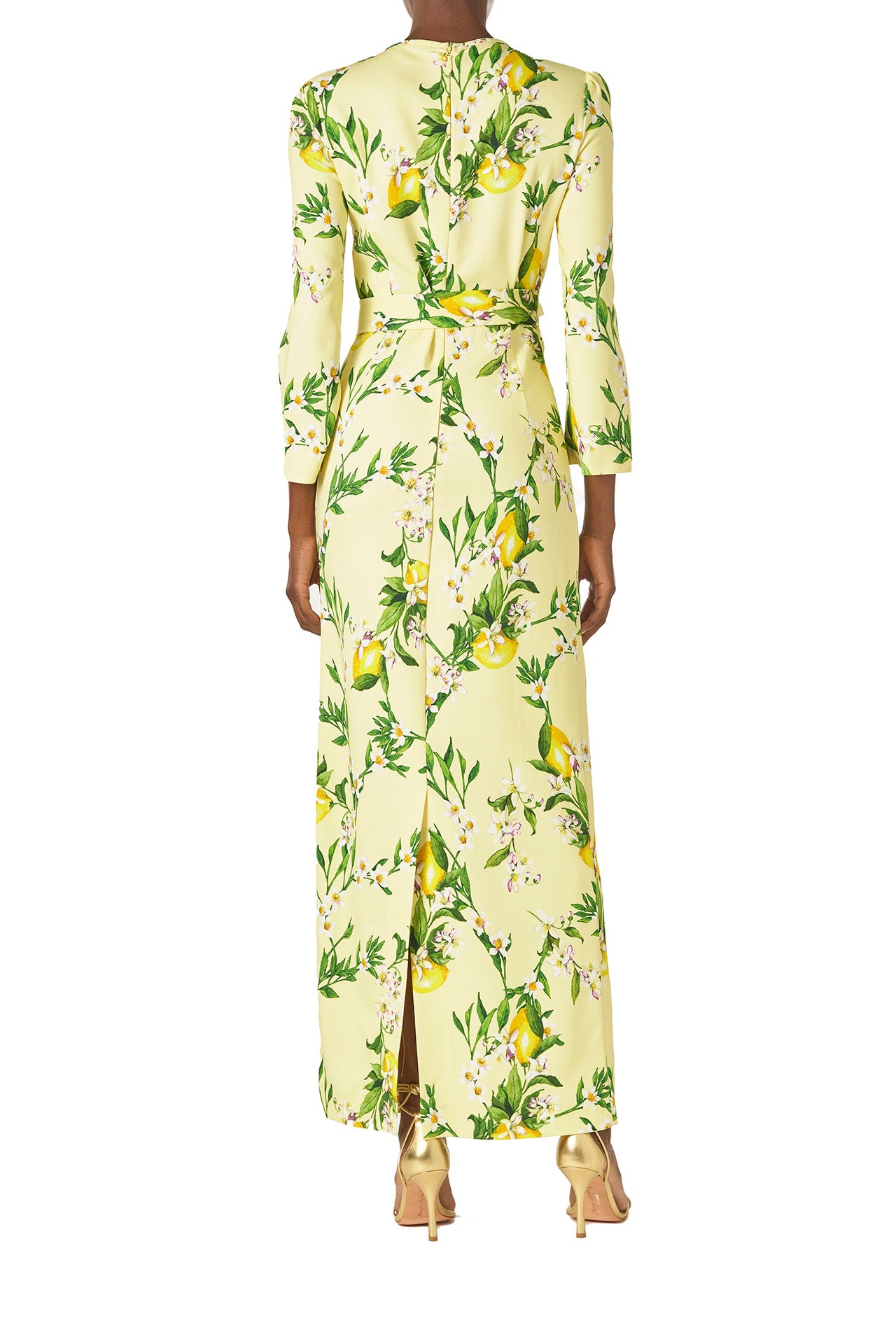 Monique Lhuillier Spring 2025 Lemon printed crepe sheath dress with jewel neckline, self-tie sash and bracelet-length long sleeves - back.