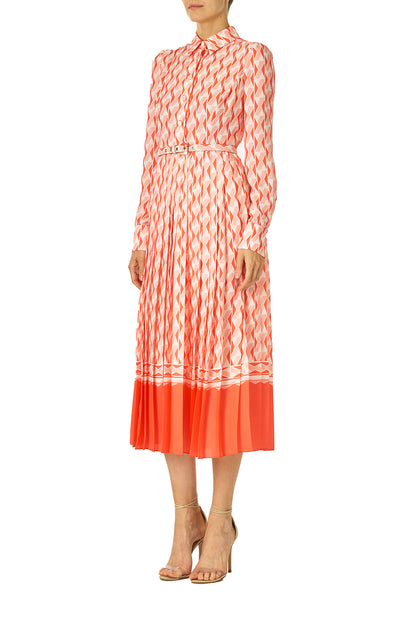 Monique Lhuillier Spring 2025 Long sleeve pleated button-down midi dress with collared neckline and belt at waist in Rosette colored Geo printed georgette fabric - right side.