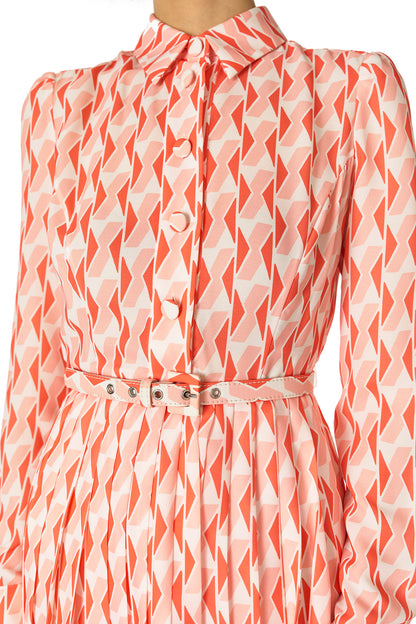Monique Lhuillier Spring 2025 Long sleeve pleated button-down midi dress with collared neckline and belt at waist in Rosette colored Geo printed georgette fabric - fabric detail.